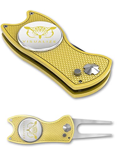 VISUALIZE Elite Switchblade Golf Divot Repair Tool Set with Ball Marker - Sturdy Anodized Aluminum - Perfect Golf Accessory Gift - color: VISUALIZE Yellow