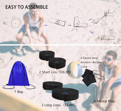 OMSORG 2-in-1 Beach Volleyball Lines, Heavy Duty Volleyball Boundary Lines with Reinforced Corners, Fit for Sand Backyard Grass 2 inch, Official Court Size 26.3' X 52.6'