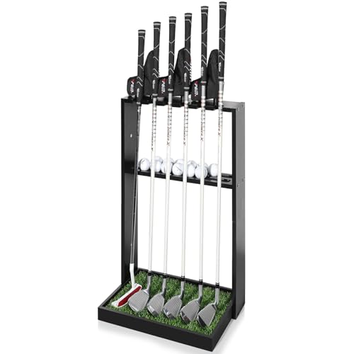 Golf Putter Stand, Premium Wooden Golf Club Rack for 6 Clubs, 18 Balls & 3 Putter Covers Storage, Golf Putter Stand, Floor Display Rack for Indoor Home Office Club Simulator