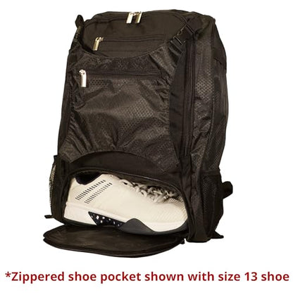 Baseball Backpack with Cleat/Shoe Pocket | Large Capacity | 19.5" T x 14" W x 7.5" D | Holds 4 Bats | External Helmet Storage | 3 Extra Zipper Pockets for Sunglasses, Seeds, Cell Phone (Black/Black) - color: Black / Black