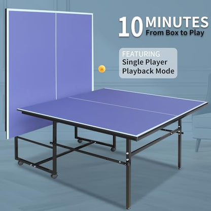 IUNNDS Portable Table Tennis Table 6/8/8.5/9FT Foldable Ping Pong Game Set for Indoor with Net and Post Set, 2 Paddles and 3 Balls - color: Blue-9x4.1FT