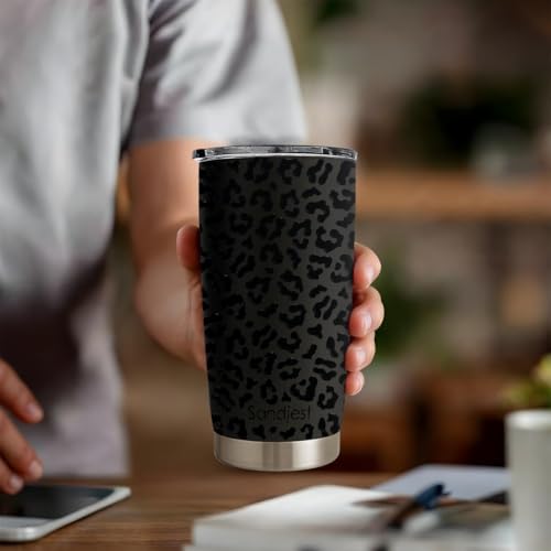 SANDJEST Leopard Print Tumbler 20oz Stainless Steel Insulated, Black Leopard Travel Coffee Cup, Bow Gifts for Women Girls Teen, Birthday Christmas - color: Black Leopard
