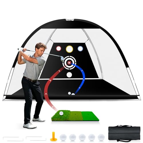 Golf Net with Auto-Ball Return System, Upgraded 10x7ft Practice Net with 5 Balls, Tri-Turf Mat and Portable Storage Bag, Durable Hitting Nets for Backyard Driving Outdoor Indoor - Gifts for Golf Lover