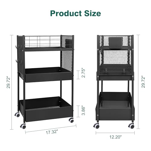 3-Tier Rolling Storage Cart Metal Utility Cart with Wheels, Office Organizer with Hanging Cups, Hooks, Book Snack Craft Mobile Shelving Unit for Office Kitchen Nursery - color: Black