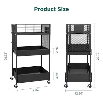 3-Tier Rolling Storage Cart Metal Utility Cart with Wheels, Office Organizer with Hanging Cups, Hooks, Book Snack Craft Mobile Shelving Unit for Office Kitchen Nursery - color: Black