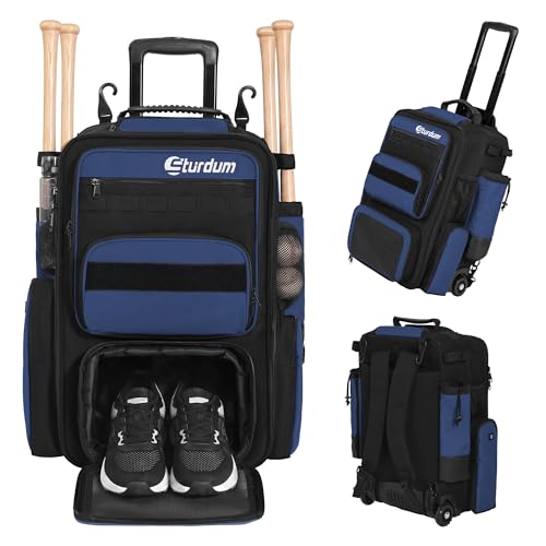 Rolling Baseball Bag with Wheels, 70L Large Capacity Baseball Backpack with Hidden Shoulder Strap, Sturdy Softball Bag with Multi-Pockets, Shoe Compartment, Fence Hooks for Players, Coaches - color: Blue