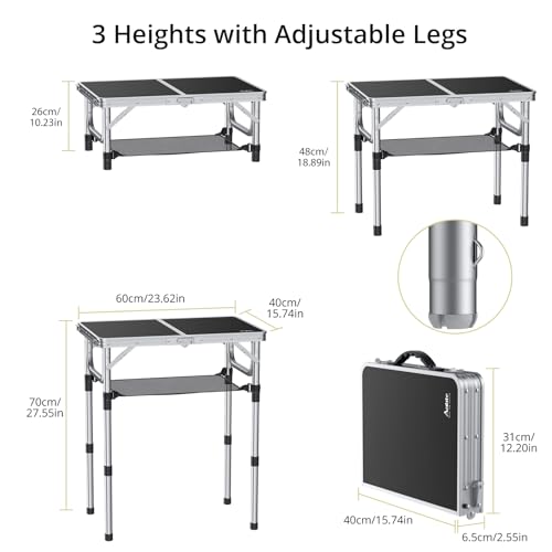 Folding Camping Table, Aluminum 24" x 16" Adjustable Height Small Folding Table with Carrying Handle, Lightweight, Portable Camping Table Waterproof for Outdoor Indoor Picnic Beach BBQ (Black)