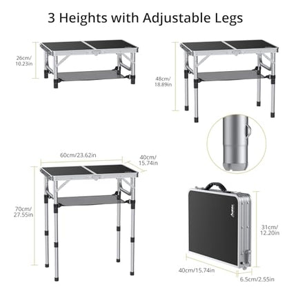 Folding Camping Table, Aluminum 24" x 16" Adjustable Height Small Folding Table with Carrying Handle, Lightweight, Portable Camping Table Waterproof for Outdoor Indoor Picnic Beach BBQ (Black)