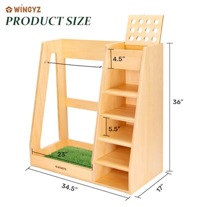 WINGYZ Premium Birch Plywood Golf Bag Storage for 2 Bags | 36lb Rock-Solid Golf Bag Organizer | 7-Shelf Command Center | Artificial Turf 12-Ball Display | No Wall Mounting Required (Natural) - color: Natural