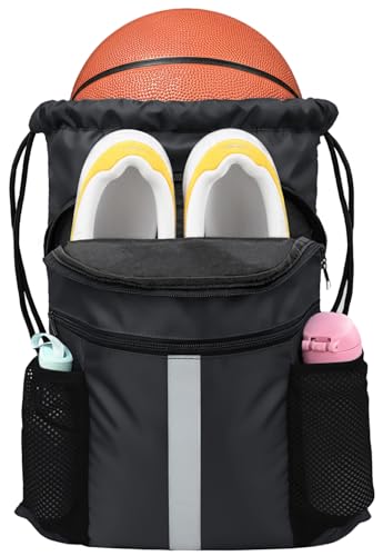 Drawstring Backpack with Shoes Compartment Waterproof Large String Cinch Beach Pool Bag for Swim Sports Gym(Black) - color: Black