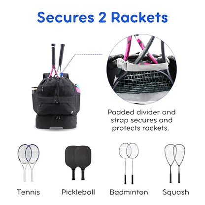 J World Ace 2 Racket Tennis Backpack for Women Men. Badminton Squash Pickleball Bag. Kids Sports Gym Bag w/Shoe Compartment - color: Black