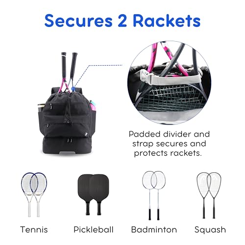 J World Ace 2 Racket Tennis Backpack for Women Men. Badminton Squash Pickleball Bag. Kids Sports Gym Bag w/Shoe Compartment - color: Black