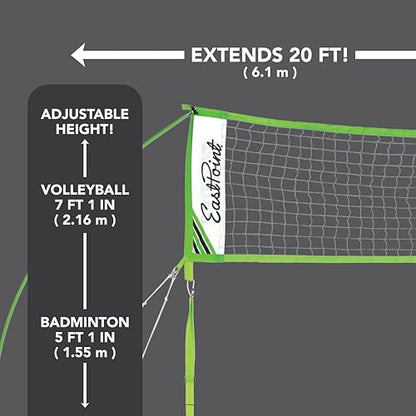 EastPoint Easy Setup Volleyball Badminton Set - Regulation, Light Green/Black - Portable Volleyball Net Design - 2-in-1 Net for Badminton & Yard Games - Includes Steel Rackets & Ball