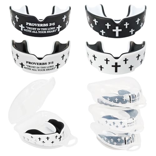 Piemow 4 Pcs Mouth Guard - Faith Cross Mouthguard with Case, Religious Adult Mouth Guards Braces for Football Boxing Basketball Lacrosse Hockey and All Contact Sports - color: 3:5+cross