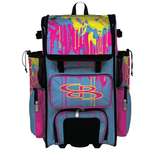 Boombah Superpack Hybrid Rolling Bat Bag - Wheeled & Backpack Version - Graffiti Drip - Multiple Color Options - color: Columbia Blue/Fluorescent Pink/Fluorescent Yellow