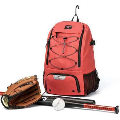 Baseball Backpack, Baseball Bag for Youth, Softball Bat Bag with Shoes Compartment, Laptop Compartment & Holds 2 Bats, Small Baseball Bat Equipment Bags for Fence Hook, Glove Holder & Helmet - color: Red