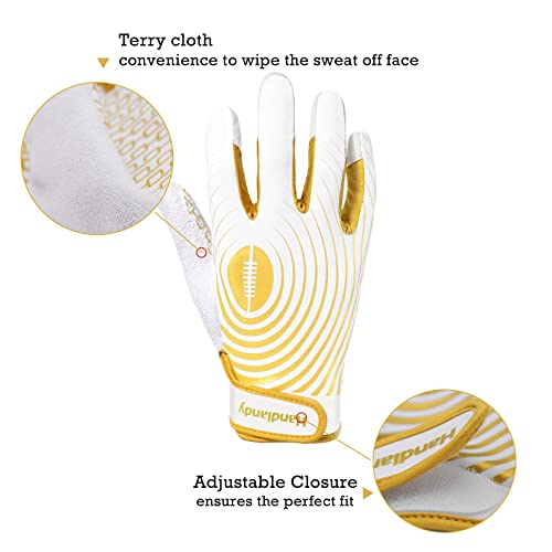 HANDLANDY Youth Football Gloves, Kids Sticky Receiver Gloves,Super Grip Football Glove Best Gift for Boys,Girls - color: White and Gold, size: Small-Youth