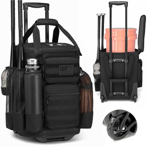 Baseball Bucket Bag with Wheels Baseball Coaching Accessories Organizer Tactical Style Softball Bucket Bag with Multiple Pockets for Bat, Gloves and Other Accessorie