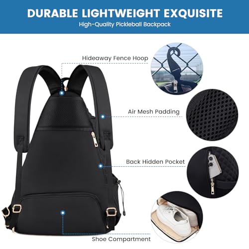Women's Pickleball Backpack - Quilted Crossbody Sling Bag for Tennis & Pickleball Paddle - color: Black, size: Large