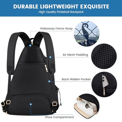 Women's Pickleball Backpack - Quilted Crossbody Sling Bag for Tennis & Pickleball Paddle - color: Black, size: Large