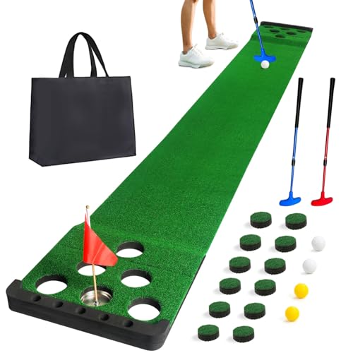 Golf Putting Game Set with Front Border for Indoor & Outdoor,Golf Putting Green Mat Include 4 Balls,1 Portable Bag,2 Flags&Cups,Practice Training Aid for Backyard,Party,Office - color: Black with 2 Putters