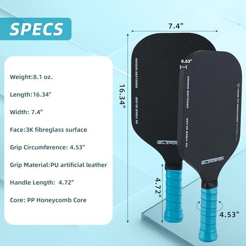 Pickleball paddles set of 2 | Rackets are made to USAPA standards | 3k fibreglass textured surface| rimless design | 16 mm polypropylene honeycomb core | Racket Set for Men, Women, Children.