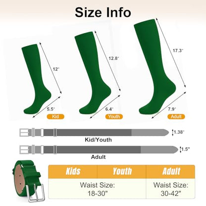 XZQTIVE Baseball Softball Socks and Baseball Softball Belt Combo Set Knee-High Soccer Socks for Kids Youth Adult - color: Green, size: Kid