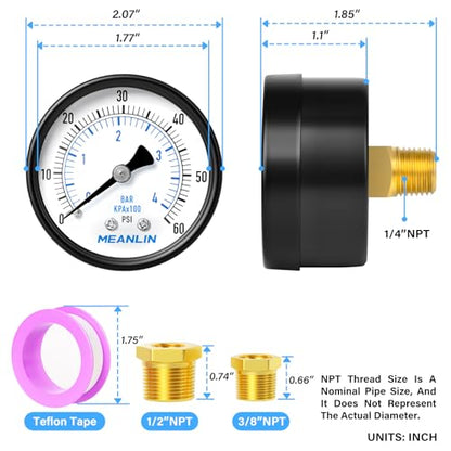 0-60Psi 2" DIAL FACE 1/4" NPT Well Pump Pressure Gauge, with 1/2" NPT and 3/8" NPT Hex Bushing, Pool Sand Filter WOG Water Oil Air Pressure Test, Center Back Mount - size: 0-60Psi, style: 1/4"NPT Back Mount