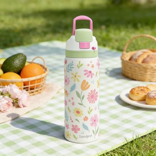 Floral Stainless Steel Water Bottle, Vacuum Insulated, Push-Button Lid, 32 oz, Gifts for Women Girls Friends Teens Birthday Christmas - color: Floral