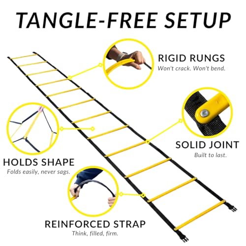 SOFTSOUL Tangle Free Agility Ladder, 12 Fixed Rungs, Heavy Duty Speed & Footwork Training Ladder for Football Soccer Basketball Drills, Portable Exercise Ladder for Kids, Youth & Adults