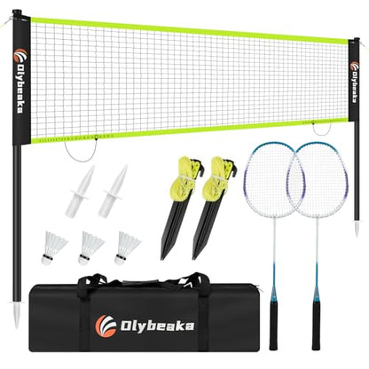 12ft Badminton Net Set for Backyard Beach with Durable Anti-Sagging Net, Heavy Duty Poles, 2 Aluminum Badminton Rackets, 3 Shuttlecocks, Carry Bag - Easy Setup & High Stable
