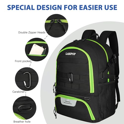 LARIPOP Soccer Backpack with Ball Holder & Shoe Compartment Large Capacity Youth Sports Bag for Training - color: Lemon Green
