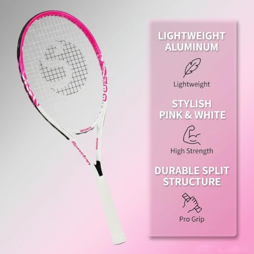 Senston 27 inch Tennis Racket for Adults 1 Pack Tennis Racket Set Tennis Overgrip, Vibration Damper - color: white pink