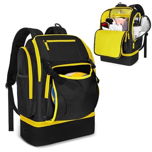 Volleyball Bag with External Ball Holder, Volleyball Backpack with Separate Shoe Space, Multiple Pockets and Adjustable Shoulder Strap for Soccer, Basketball and Gym Exercise - color: Black/Yellow