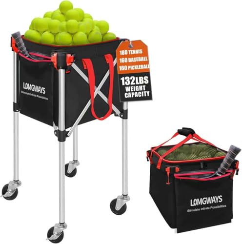 Pickleball Tennis Ball Hopper-Foldable Lightweight Tennis Cart Holds 180 Tennis/160 Pickleballs with Removable Bag,Wheels,Side Pocket for Training/Teaching, for Tennis/Pickleball/Baseball/Softball - style: Red