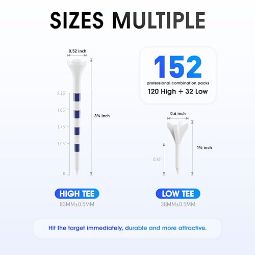 WVM Professional Plastic Golf Tees 152 Pack Combo, High & Low Tee Set with Enhanced Durability, Engineered for Stability, Low Friction, & Reduced Side Spin