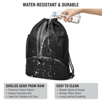 Drawstring Backpack Gym Bag with Shoes Compartment for Soccer, Basketball, Swim, Water-Resistant String Backpack Beach Cinch for Women Men