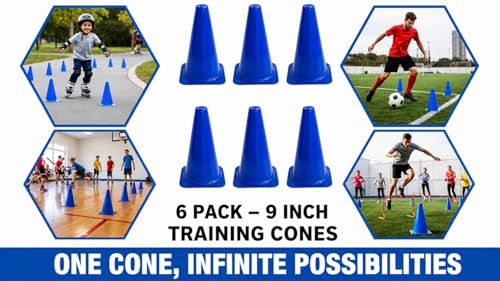 6 Pack - 9" Blue Soccer Training Traffic Cones - Speed Agility Cones for Sports Football Basketball Skating Obstacle Course Drills - Indoor Outdoor Plastic Field Markers, Coaching & Practice Equipment