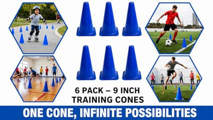 6 Pack - 9" Blue Soccer Training Traffic Cones - Speed Agility Cones for Sports Football Basketball Skating Obstacle Course Drills - Indoor Outdoor Plastic Field Markers, Coaching & Practice Equipment