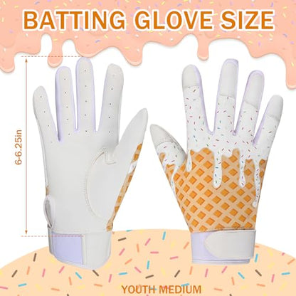 JenPen 1 Pair Youth Ice Cream Drip Batting Gloves 6 Inch Baseball Batting Gloves Long Cuff Leather Ice Cream Drip Pattern Mitt Grip Finger for Softball Teeball Baseball Kids Youth Boys - color: White, size: M Size