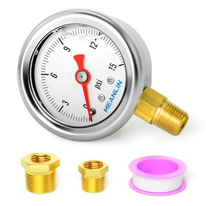 0~15Psi Stainless Steel 1/8" NPT 1.5" FACE DIAL, Glycerin Filled Pressure Gauge, Liquid Filled, Water Oil Air, Lower Mount, with 1/4" NPT and 3/8" NPT Hex Bushing - size: 0-15Psi