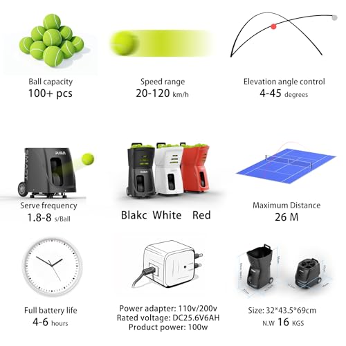 PT-Smart Tennis Ball Machine with APP, Remote & for Apple Watch Control, 12 Training Modes, 20 Landing Points, 12–75 MPH Speed, 100+ Ball Capacity, Portable Tennis Ball Launcher - color: White