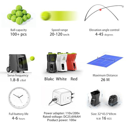 PT-Smart Tennis Ball Machine with APP, Remote & for Apple Watch Control, 12 Training Modes, 20 Landing Points, 12–75 MPH Speed, 100+ Ball Capacity, Portable Tennis Ball Launcher - color: White