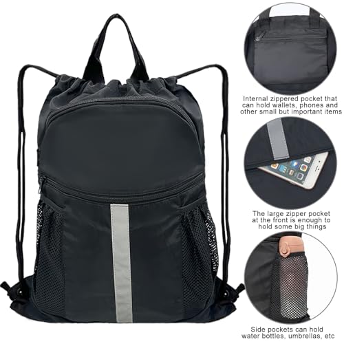 Drawstring Backpack with Shoes Compartment Waterproof Large String Cinch Beach Pool Bag for Swim Sports Gym(Black) - color: Black