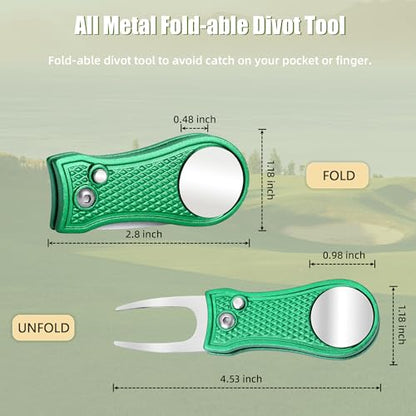 Mile High Life Golf Divot Repair Tool, All Metal Foldable Divot Tool with Pop-up Button & Magnetic Ball Marker - color: Green Bone
