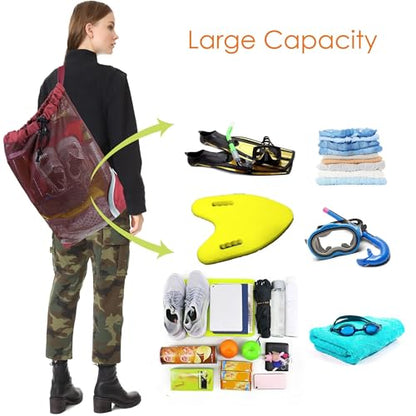 BeeGreen Mesh Drawstring Bag Swim Backpack for Beach Pool Sports Gym Draw String Cinch Bags for Swimming Soccer Basketball Gear Red - color: Red, style: Mesh Bag