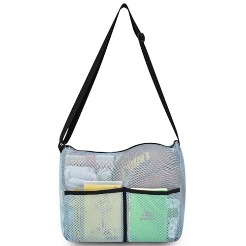 Gym Tote Bag, Mesh Bag Crossbody Satchel 12x6x12 for Gym Beach Ball Games Training Camping Hiking Clothes Storage - color: Sky Blue, size: Medium