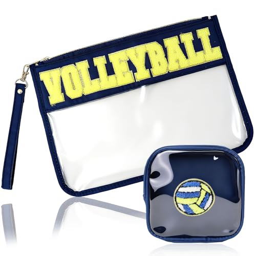 2Pcs Volleyball Gifts Makeup Bag with Chenille Letter Patch,with Handles Volleyball PVC Waterproof Clear Makeup Bag,Portable Toiletry Storage Bag,Players & Fans Birthday, Team or Sports Lover Presents - color: Volleyball