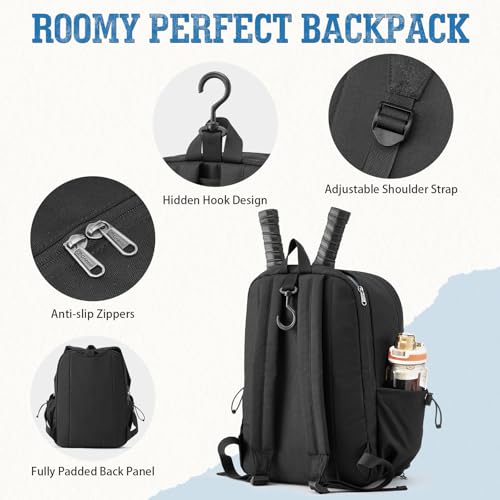 G4Free Pickleball Bag, Pickleball Backpack Fits 2 Paddles with Shoes Compartment and Fence Hook for Men and Women - color: Black