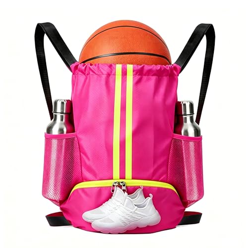 Rose Sports Drawstring Backpack with Shoes Compartment, String Gym Bag with Wet Proof Pocket for Basketball, Soccer, Swim, Sport Bag for Men and Women - color: Rose